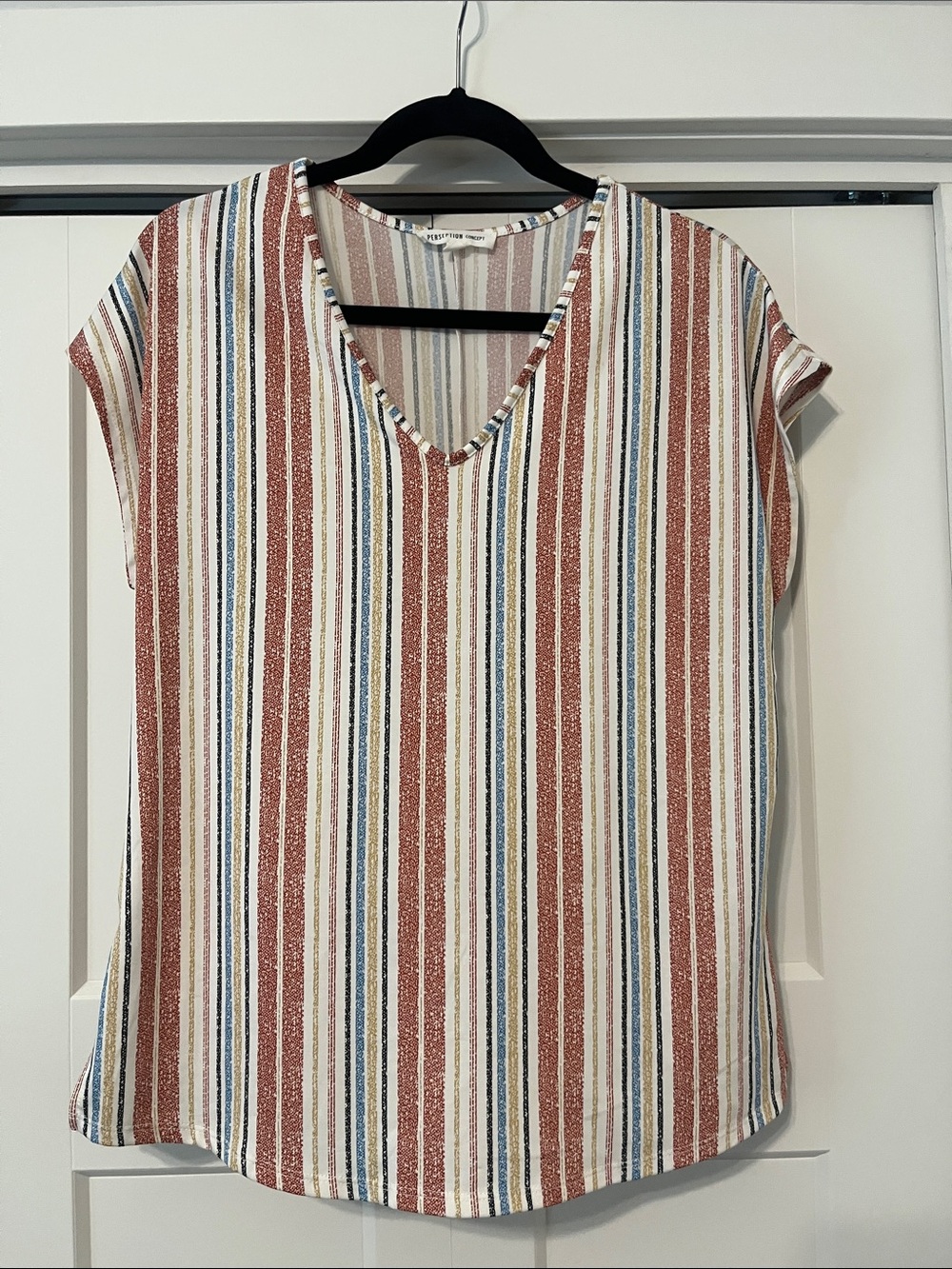 Striped V-Neck Cap Sleeve Top Rust Blue Tan Black White Small Like New Worn Once